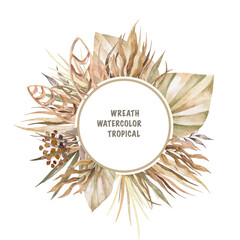 Trendy dried palm leaves, pale protea, orchid, pampas grass, hydrangea rose, fern, white ruscus wedding banner. Trendy flower. Beige, gold, brown, rust, taupe. Watercolor isolated cirlce - 448813363