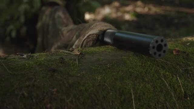 Close-up view of military marksman in camouflage putting out sniper rifle muzzle with suppressor on wooden log, looking through scope of optical sight, taking aim in dense forest at daybreak