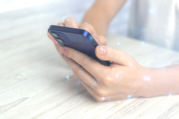 Technology networking concept, woman with mobile phone, abstract polygonal wireframe and searcing for digital innovation future background