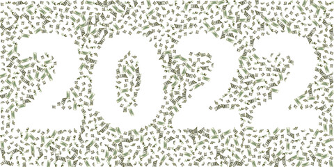 Money stack 2022. Hundred dollars of America. Falling money isolated, us bill white background.