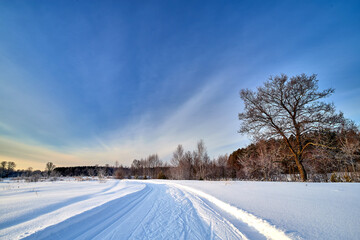 Fototapeta premium Snow covered road or skiing on a winter sunny day.