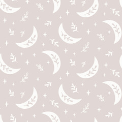 Boho seamless pattern with crescent, star and floral elements. Simple print in boho style. Stock vector illustration. - 448816530