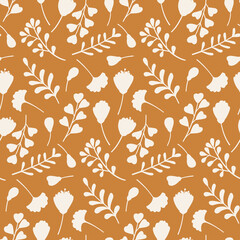 Autumn seamless pattern with hand drawn branches, leaves and flowers. Simple hand drawn fall season texture. Vector repetitive wallpaper.