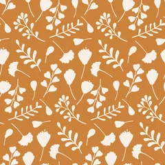 Wall murals Bestsellers Autumn seamless pattern with hand drawn branches, leaves and flowers. Simple hand drawn fall season texture. Vector repetitive wallpaper.