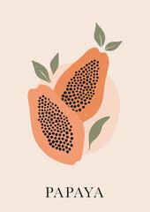 Boho aesthetic wall art poster. Minimalist cover design. Bohemian  wall print with ripe Papaya fruit. Vector papaya fruit art illustration. - 448816569