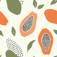 Hand drawn abstract seamless pattern with papaya and leaves. Stock vector template. - obrazy, fototapety, plakaty