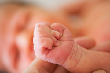 the hand of a newborn child clenched into a fist