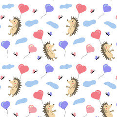 Seamless pattern hedgehogs fly on heart-shaped balloons