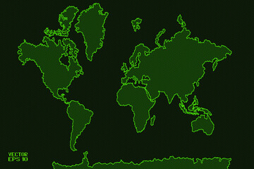 Black and Green Striped Pattern with World Map. Mesh Image of Surface of the Earth. Vector Illustration