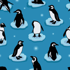 Vector penguins on ice floe set. Seamless pattern