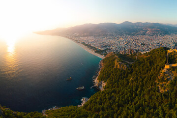Large panorama. Wide aerial view from Kalesi Castle peninsula. Alanya, southern coast of Turkey,...