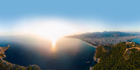 Large panorama. Wide aerial view from Kalesi Castle peninsula. Alanya, southern coast of Turkey,...