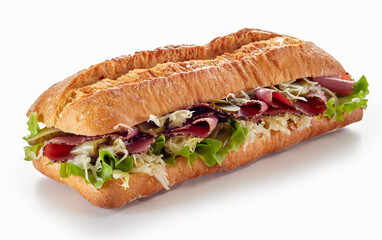 Appetizing submarine sandwich on white background