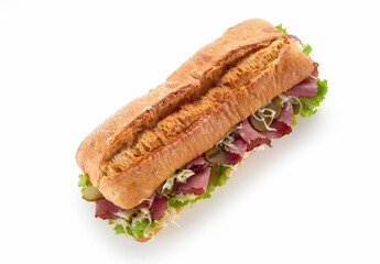 Tasty baguette sandwich on white background