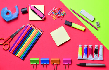Fototapeta na wymiar Zenith view. School supplies, various accessories in full color. Copy space.