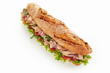Baguette sandwich with chicken on table