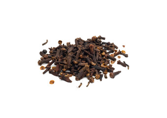 Syzygium aromaticum or dry aromatic flower buds cloves heap isolated on white background