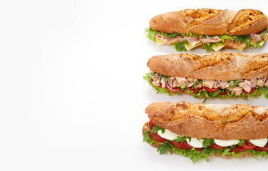Baguette sandwiches on white background