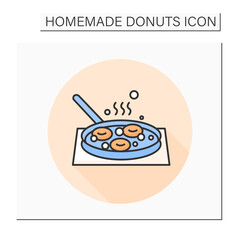 Donuts frying color icon. Homemade doughnuts deep frying in skillet pan. Concept of home bakery and pastry cooking.Cafe, restaurant and recipe. Isolated vector illustration
