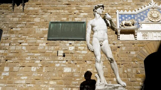 Marble David statue by Michelangelo In front of Palazzo Vecchio on Piazza della Signoria In Florence, Italy, Tuscany