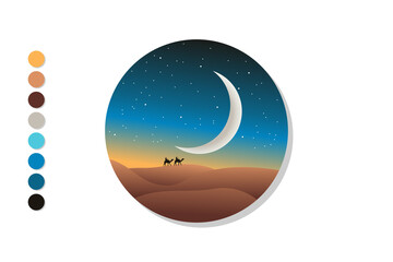 Vector desert landscape at night and crescent moon