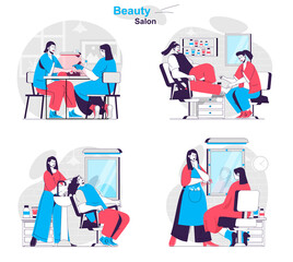 Beauty salon concept set. Cosmetology procedures, haircuts, manicure and pedicure. People isolated scenes in flat design. Vector illustration for blogging, website, mobile app, promotional materials.