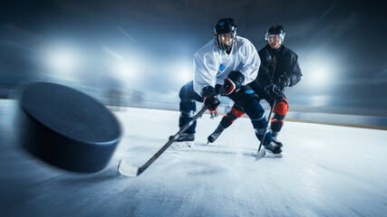 Blurred Motion Shot with 3D Flying Puck. Two Professional Ice Hockey Players on Arena From...