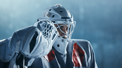 Ice Hockey Rink Arena: Portrait of Brutal Professional Goalkeeper, Seriously Looking. Focused Goalie, Determined to Win. Confident Champion Athlete. Close-up Portrait Shot - Powered by Adobe