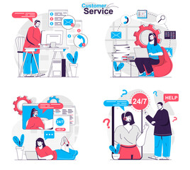Customer service concept set. Operators answer calls and messages, help customers. People isolated scenes in flat design. Vector illustration for blogging, website, mobile app, promotional materials.