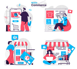 Mobile commerce concept set. Buyers choose clothes, shopping and paying online. People isolated scenes in flat design. Vector illustration for blogging, website, mobile app, promotional materials.