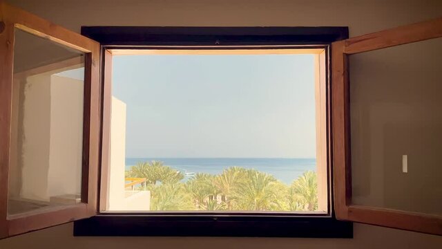 Camera moving through window. Sea view background.