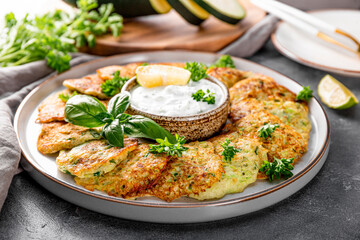 Zucchini pancakes with herbs and sour cream on a plate close-up. Vegetarian dish