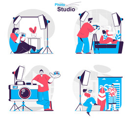 Photo studio concept set. Photographers do photo shoots in professional studio. People isolated scenes in flat design. Vector illustration for blogging, website, mobile app, promotional materials.