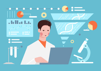 Man scientist in laboratory vector illustration. Researcher conducting research of dna molecule with microscope in lab flat style design. Science concept