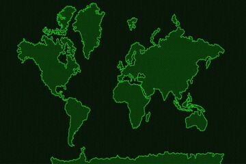 Black and Green Striped Pattern with World Map. Mesh Image of Surface of the Earth. Raster Illustration