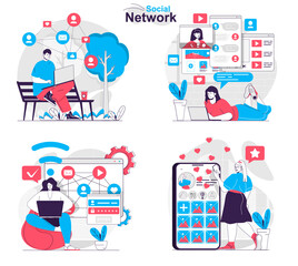 Social network concept set. Users browse feed, post photos, communicate online. People isolated scenes in flat design. Vector illustration for blogging, website, mobile app, promotional materials.
