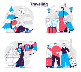 Traveling concept set. Tourists with luggage or backpacks travel worldwide trip. People isolated scenes in flat design. Vector illustration for blogging, website, mobile app, promotional materials.