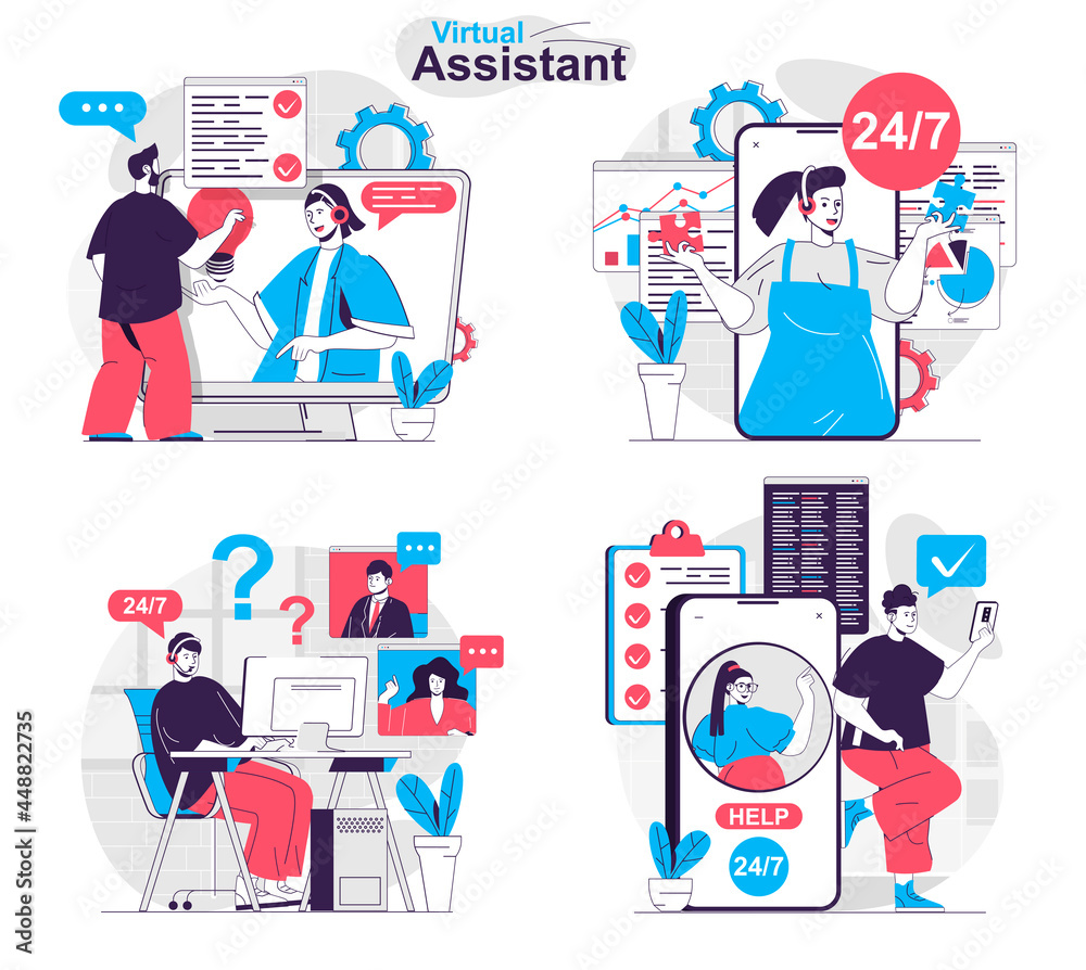 Poster Virtual assistant concept set. Online communication with customers, tech support. People isolated scenes in flat design. Vector illustration for blogging, website, mobile app, promotional materials.