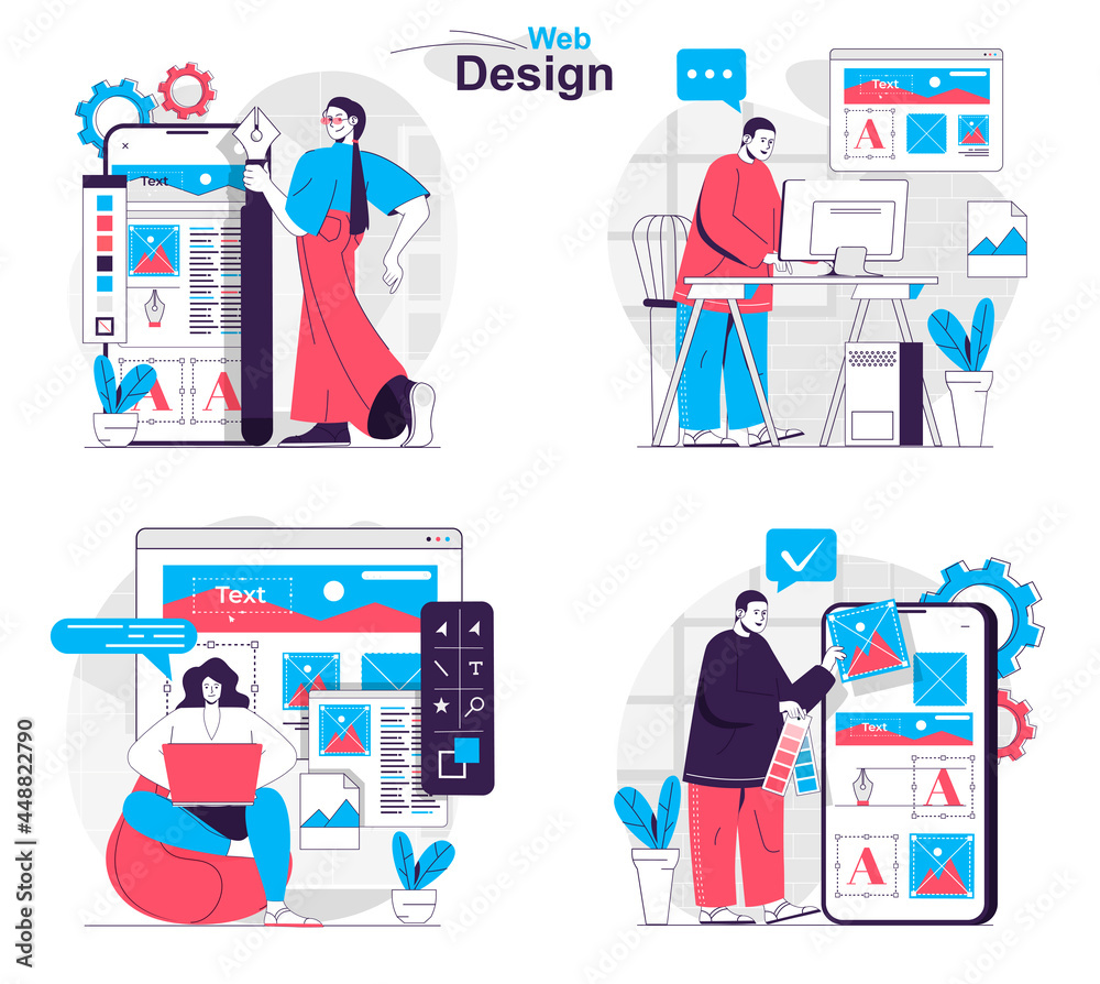 Leinwandbilder web design concept set. developers create page layout, place graphics and content. people isolated s