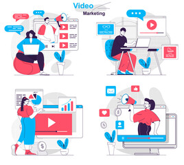 Video marketing concept set. Creation and promotion advertising information video. People isolated scenes in flat design. Vector illustration for blogging, website, mobile app, promotional materials.