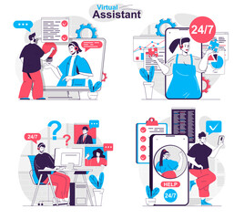 Virtual assistant concept set. Online communication with customers, tech support. People isolated scenes in flat design. Vector illustration for blogging, website, mobile app, promotional materials.