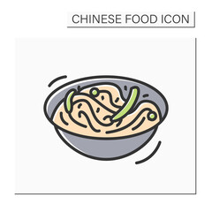 Chow mein color icon. Chinese egg noodles bowl with vegetables or meat. Concept of tasty and easy wok or pan fried Asian food recipe for family dinner.Isolated vector illustration