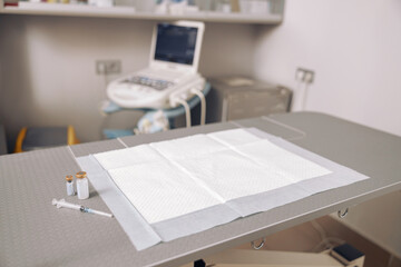 Vials with medicine, syringe and disposable underpad on table in vet clinic