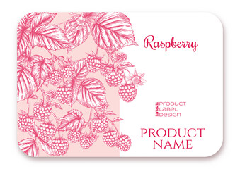 Raspberry. Ripe berries on branch. Template for product label, cosmetic packaging. Easy to edit. Graphic drawing, engraving style. Vector illustration..