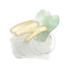 Abstract composition with a contour drawing of a peony flower and a leaf on watercolor spots of green and gray with a smear of sequins