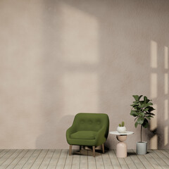 Light pink wall with green chair and wood floors