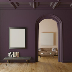 Elegant dark purple room with archway, molding, coffered ceiling and two empty frames for mockup