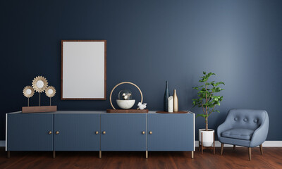 Blue room with cabinet, chair and empty frame for mockup