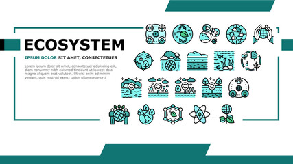 Ecosystem Environment Landing Web Page Header Banner Template Vector. Ecosystem And Ecology, Biodiversity And Life Cycle, Biosphere And Atmosphere Illustration - obrazy, fototapety, plakaty