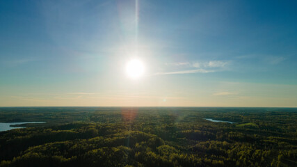 High altitude aerial view of the sun and clear blue sky. Beautiful nature background. Space for text.